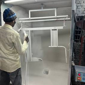 Powder coating in dismantle iron framework, The powder we are using is from the company Rapid and Sharp Coat in Meerut